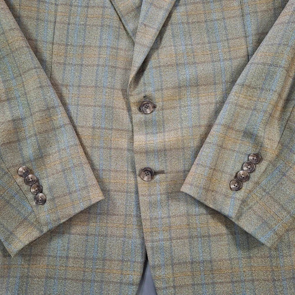 Tom James Blazer Mens 46L Brown Green Plaid Holland & Sherry Cloth Made USA